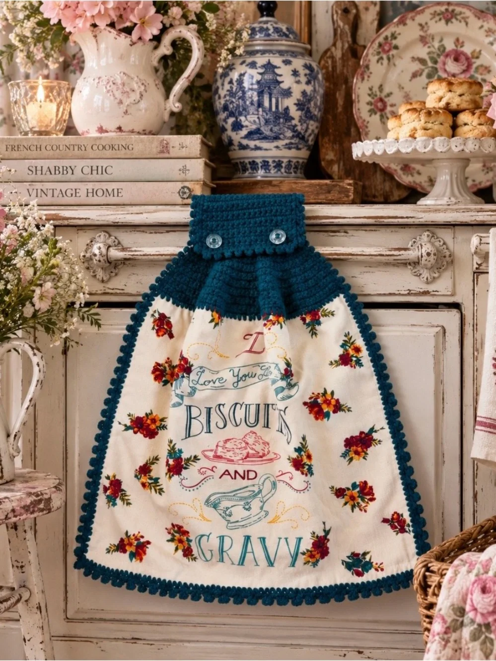 Pioneer Woman Biscuits & Gravy Crochet Hanging Kitchen Towel Teal